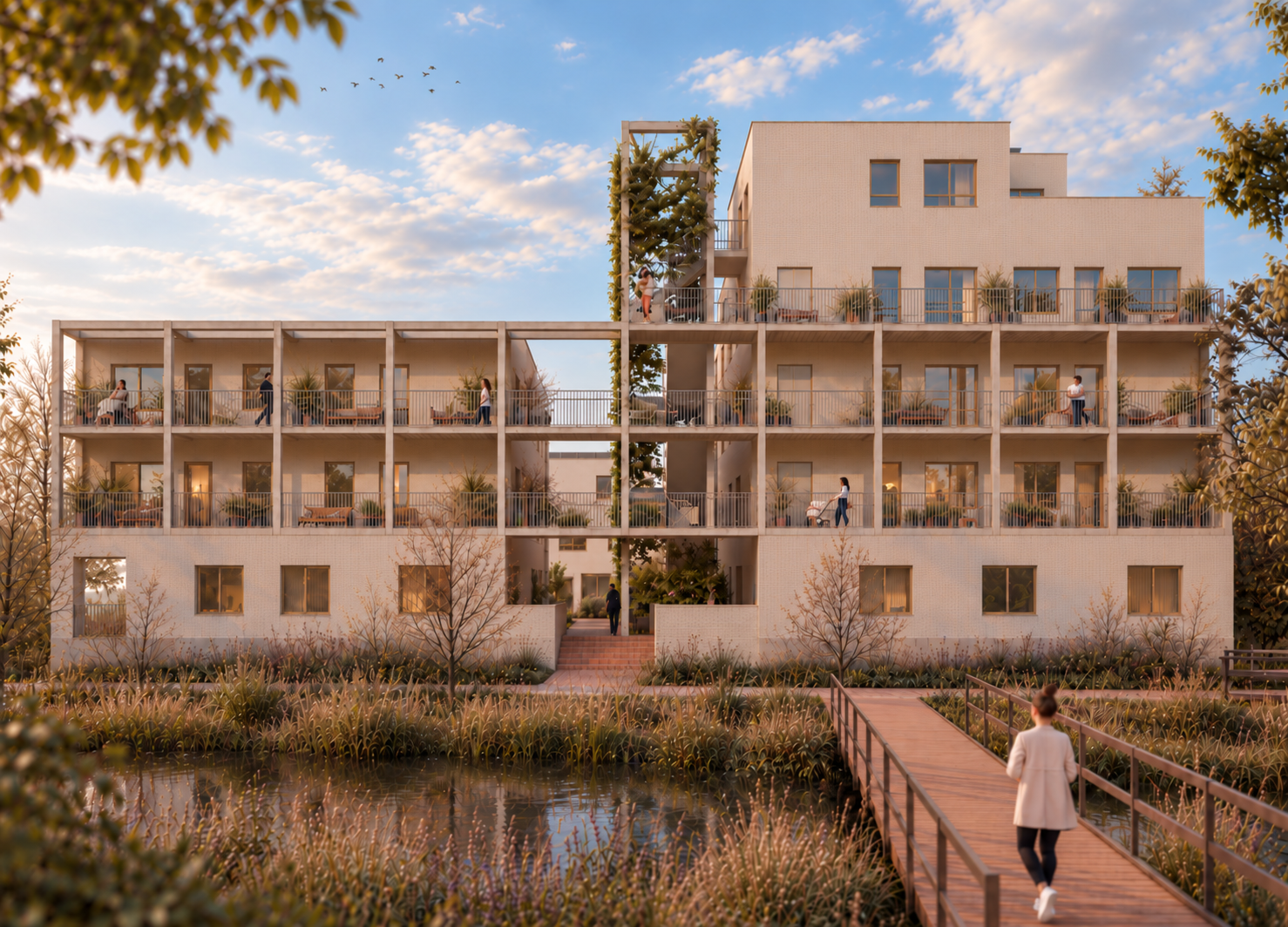 Appartementen aan het water bij zonsondergang