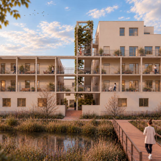 Appartementen aan het water bij zonsondergang