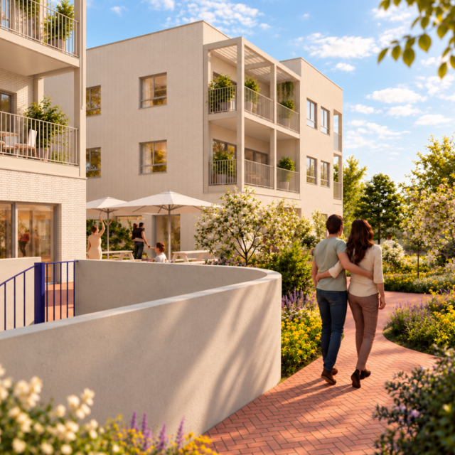 Zonnige binnentuin met wandelend koppel